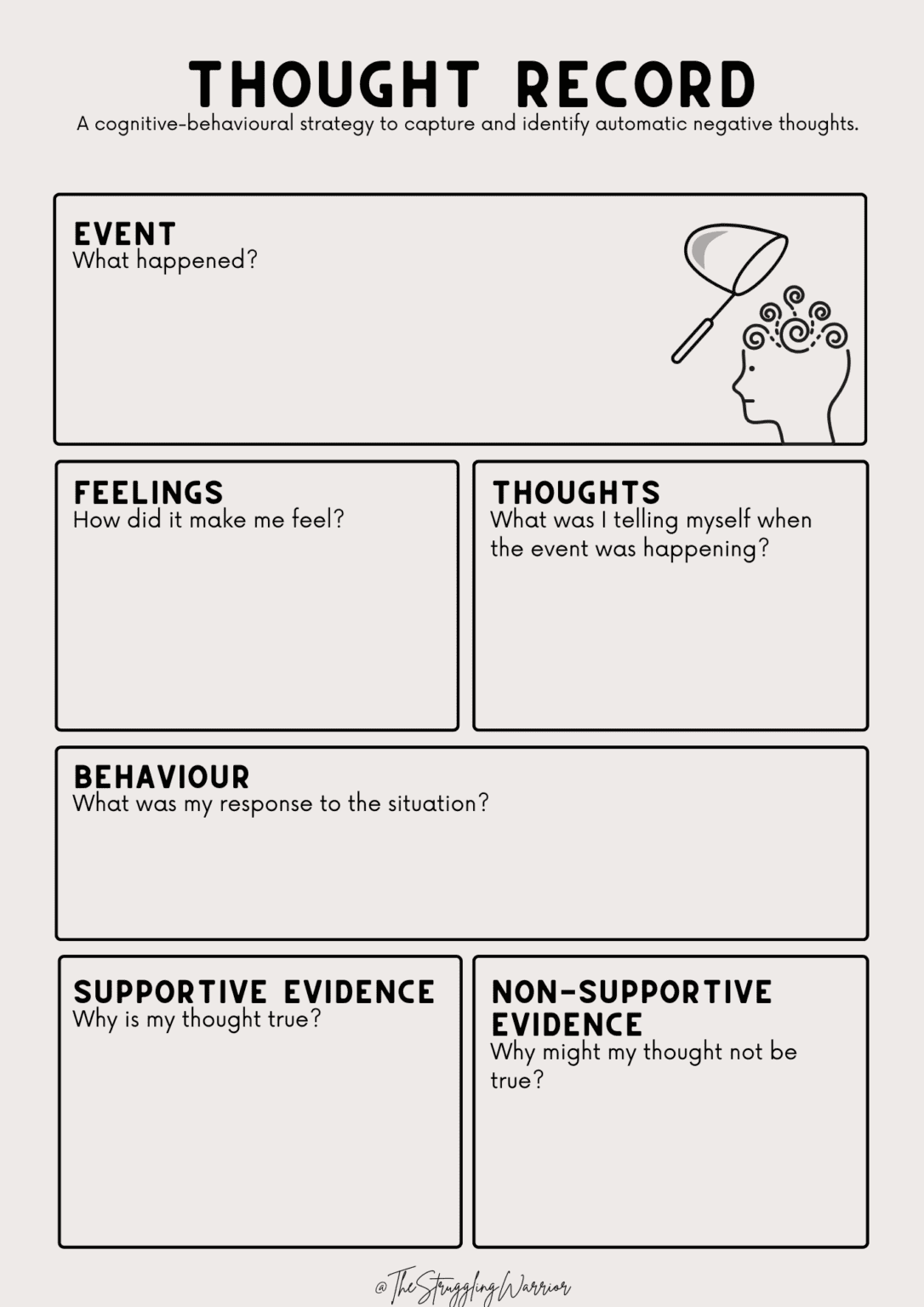 Printable CBT thought record for OCD with prompts for event, feelings, thoughts, behavior, and evidence