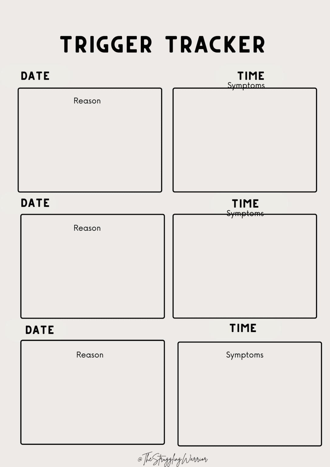 Printable OCD trigger tracker with sections for date, reason, time, and symptoms