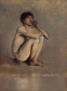 Muted painting of a seated young man curled inward with a distant gaze, capturing the quiet isolation that can accompany OCD in men symptoms