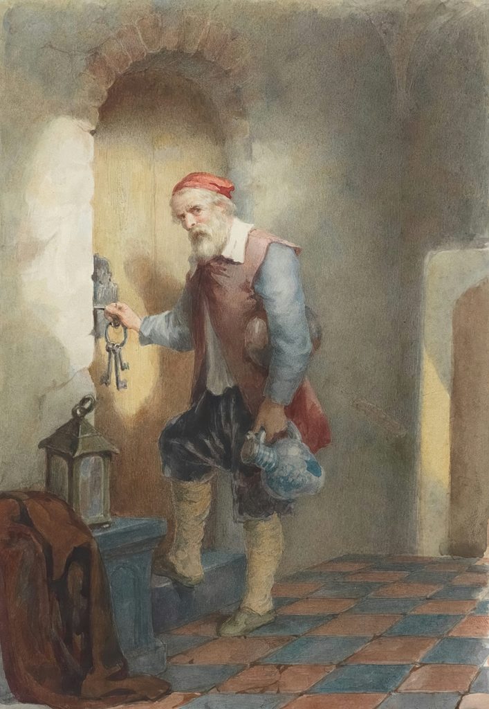 Watercolor painting of an older man with a red cap holding a ring of keys and a jug, standing in a stone doorway. A scene that subtly reflects the locked doors and checking rituals associated with different OCD types
