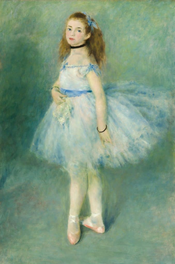 Classical painting of a young ballerina in a pale blue dress standing still with a calm expression. A quiet image that subtly reflects the internal, invisible battles of pure O OCD