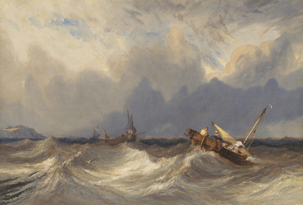 Dramatic seascape painting of small boats battling rough, churning waves under a stormy sky. A visual metaphor for the relentless turbulence of the obsessive mind