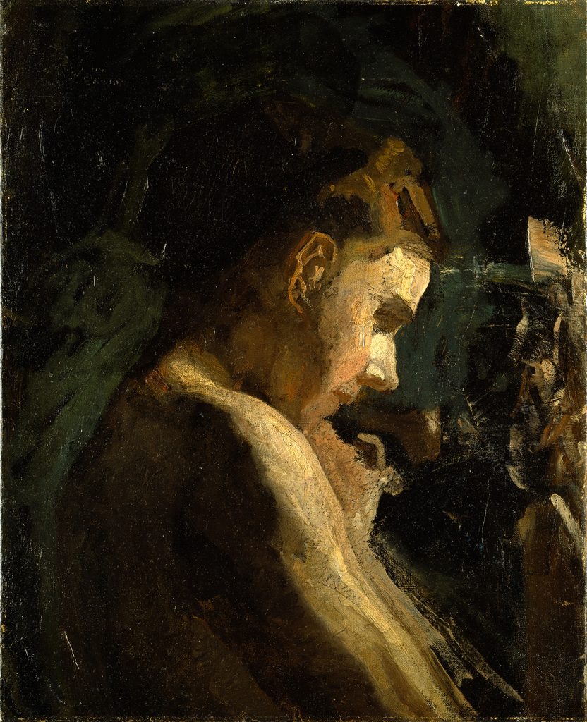 Dark, expressive oil painting of a figure in profile turning away in shadow. A visual echo of the avoidance and distress felt in contamination OCD