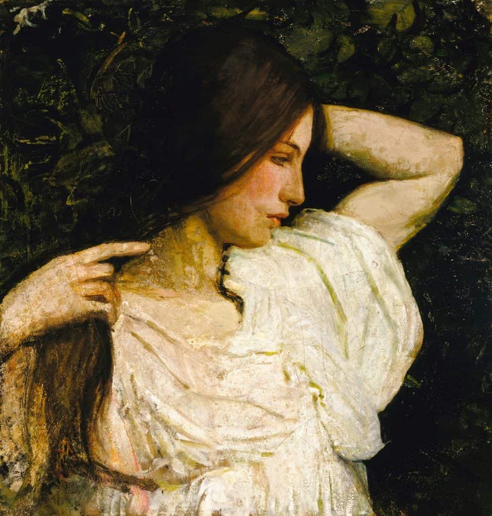 Expressive oil painting of a woman in a white dress gazing downward while adjusting her hair. A quiet scene that subtly reflects the inner tension of obsessive personality symptoms.