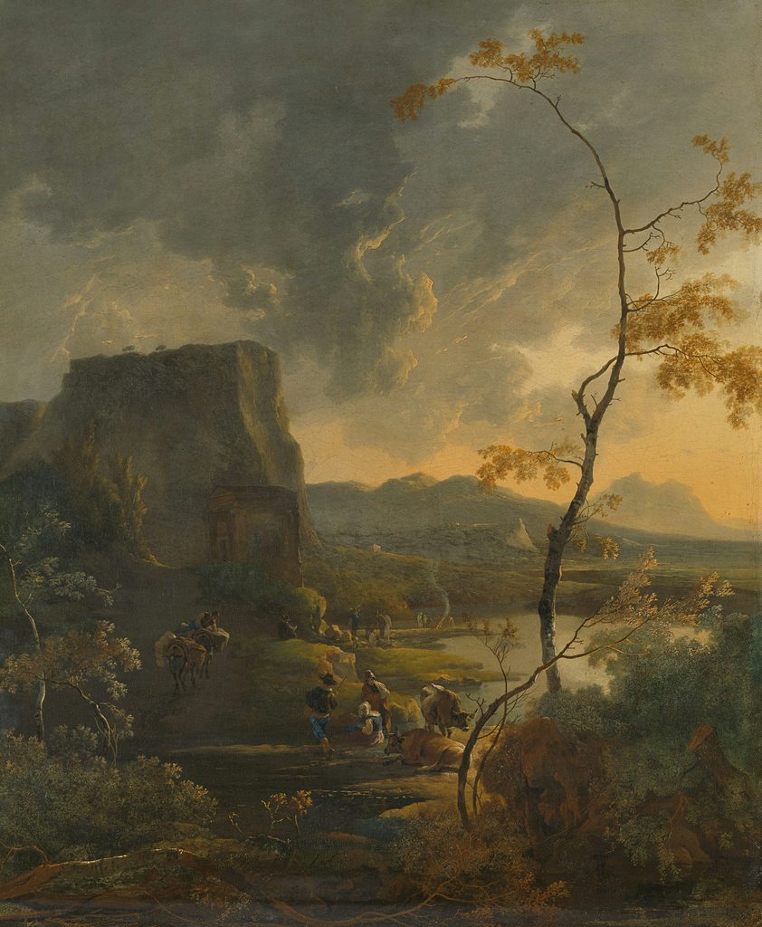 Classical landscape painting of travelers and animals crossing a rugged path beneath a dramatic golden sky, evoking the uncertainty and mental strain often linked to OCD driving